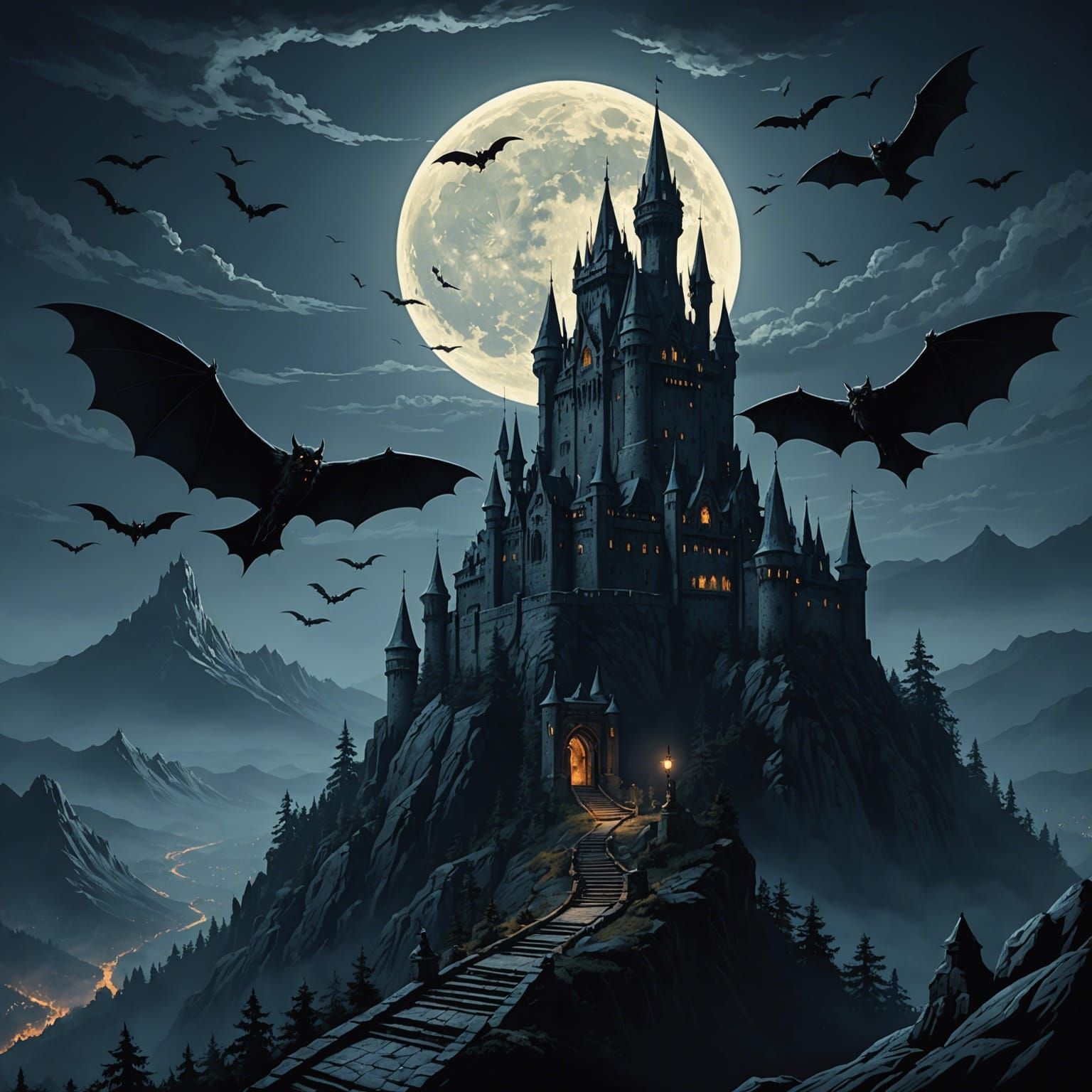 Castlevania Castle at Night with Bats