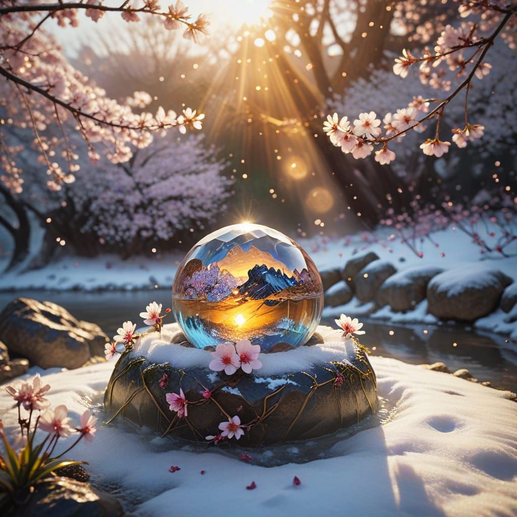 "A faceted orb sits beside a steaming hot spring in the snow...