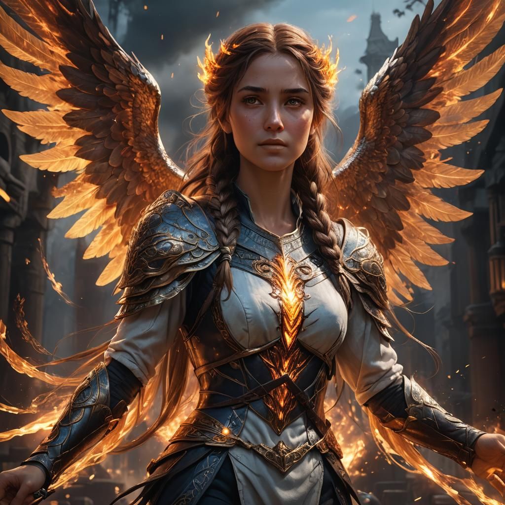 Fiery Angel with Braided Hair in Dark Fantasy Style