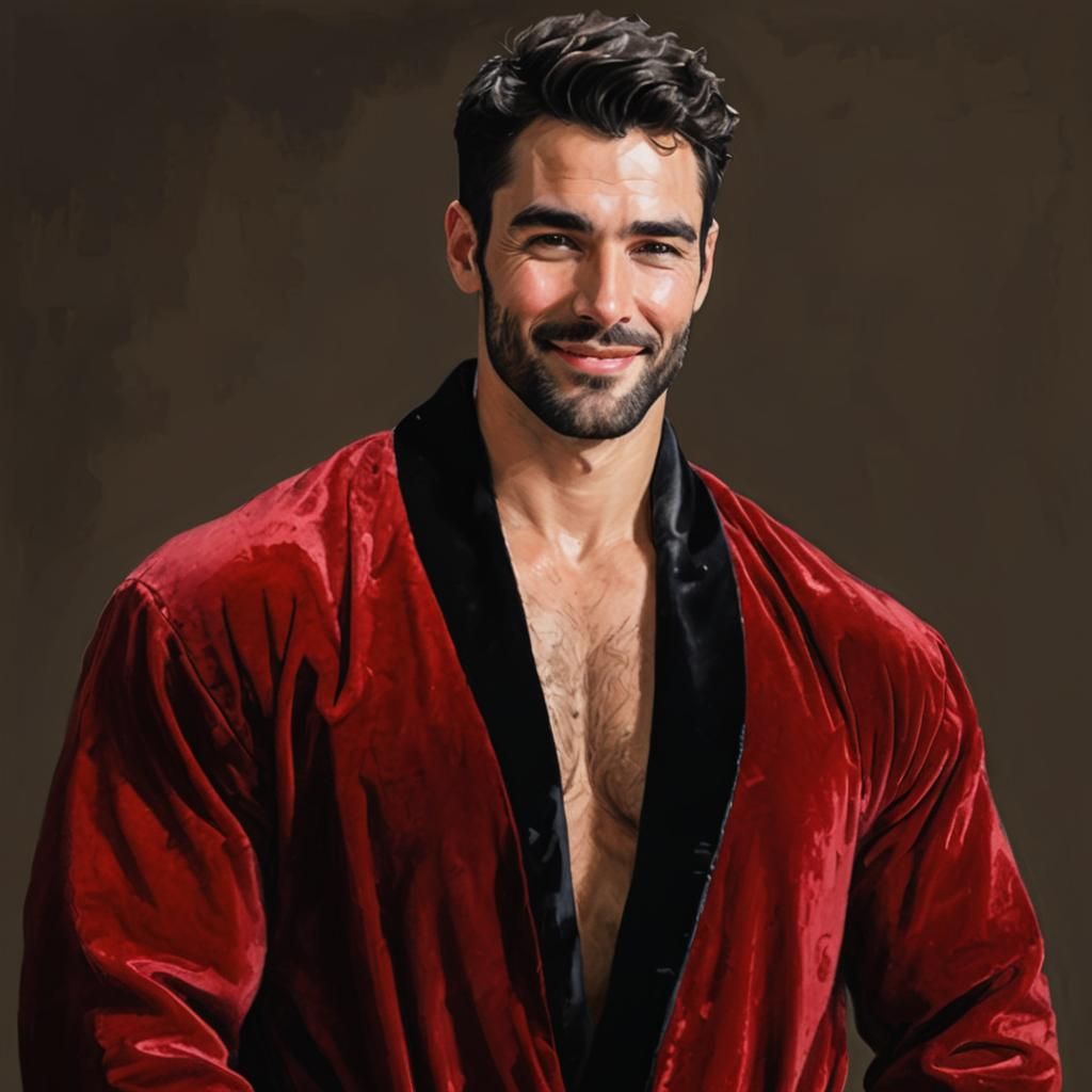Attractive Man in Red Velvet Robe, Impasto Painting