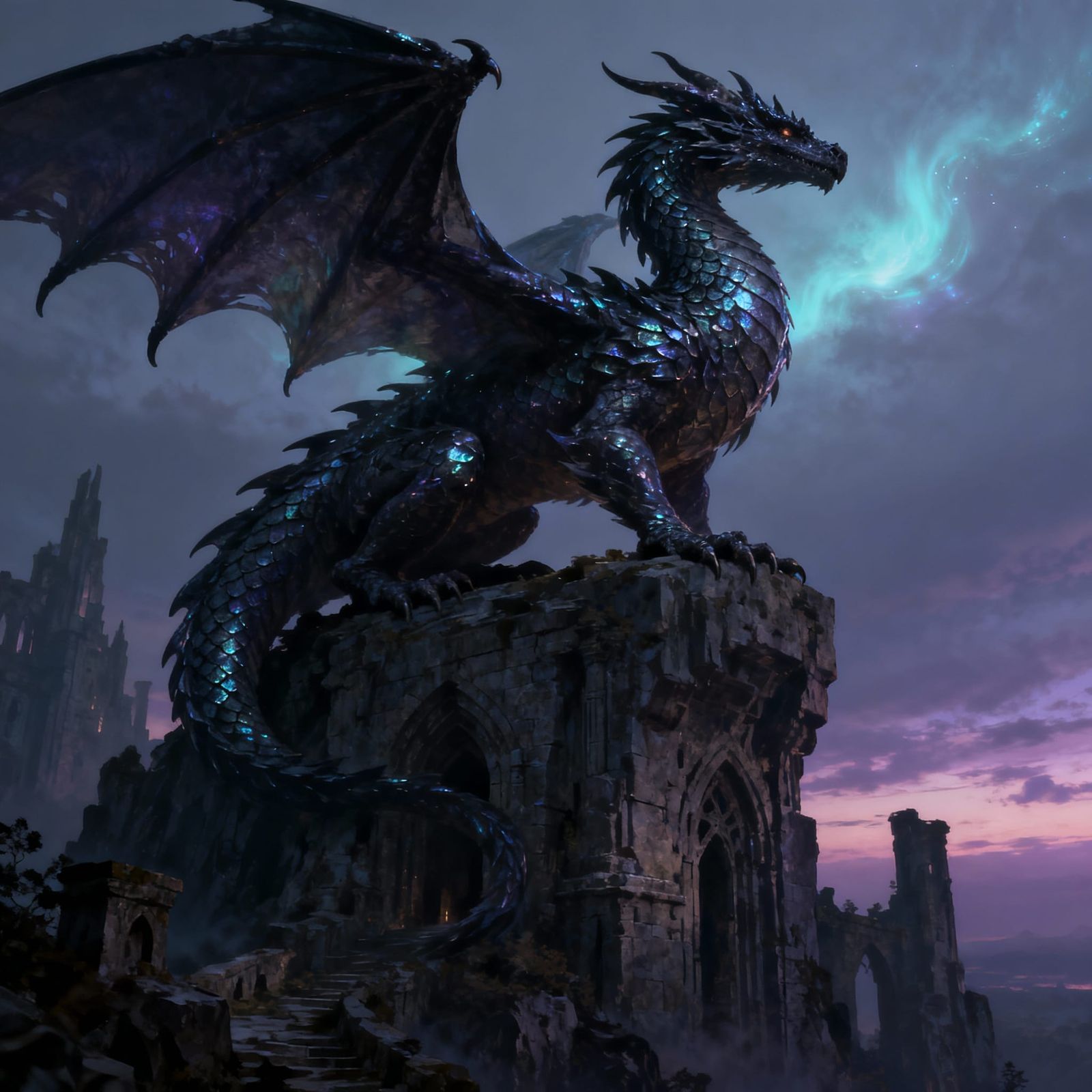 A majestic dragon, its scales shimmering like obsidian, perc...