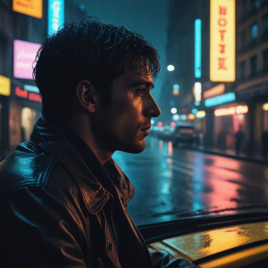 Parisian Taxi Driver Under Rainy City Streets in Moody Frenc...