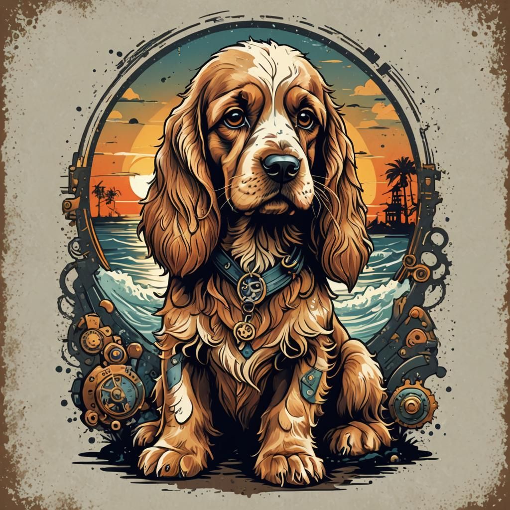 Steampunk Cocker Spaniel Logo on Sunset Background