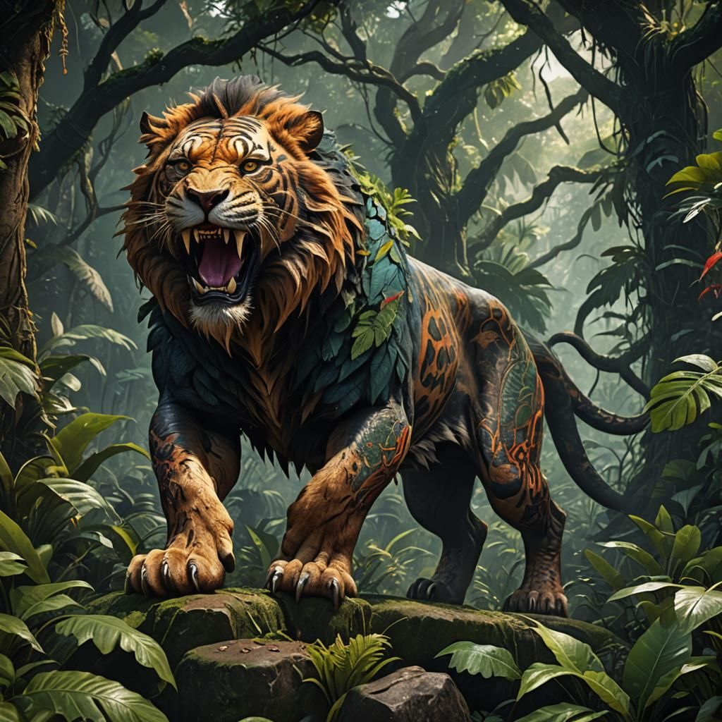 Wild Jungle Beast Roaring: Detailed Matte Painting