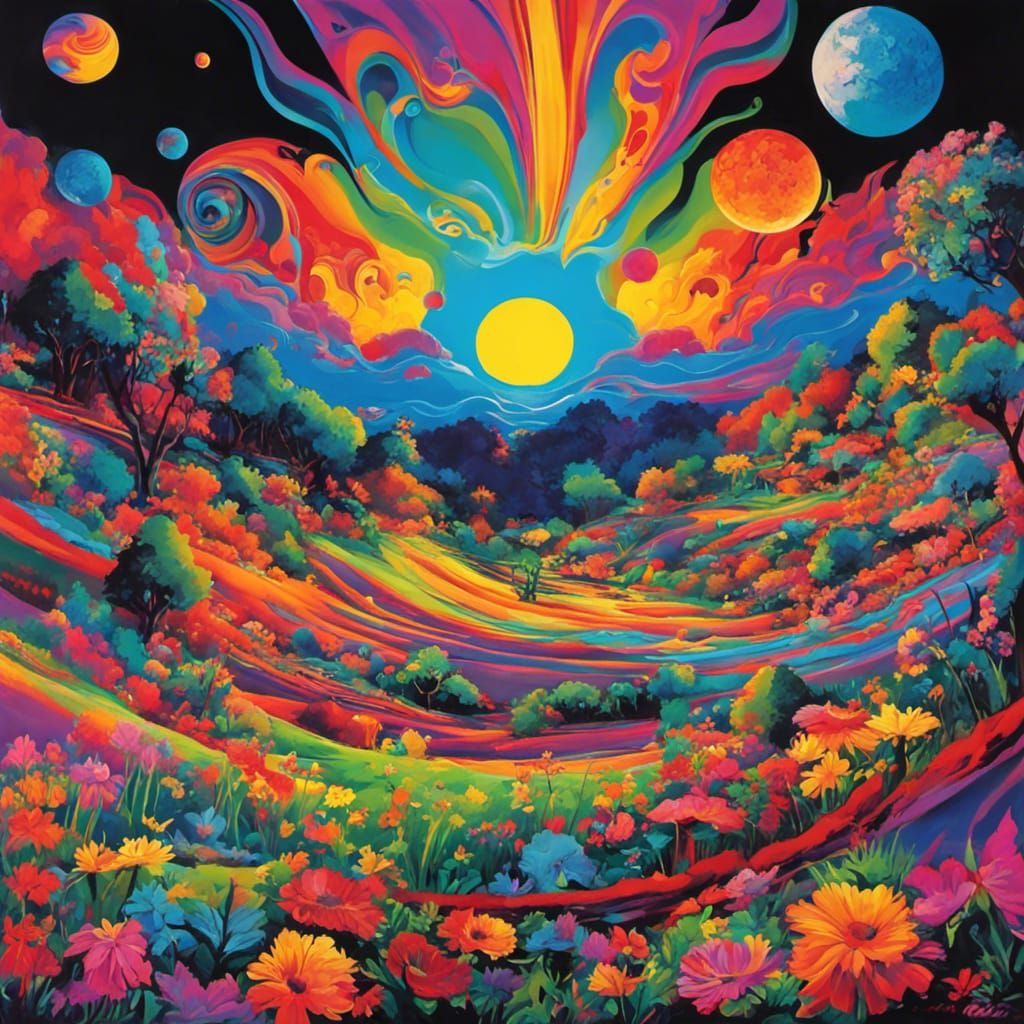 Psychedelic Full Moon Forest in 1960s Style