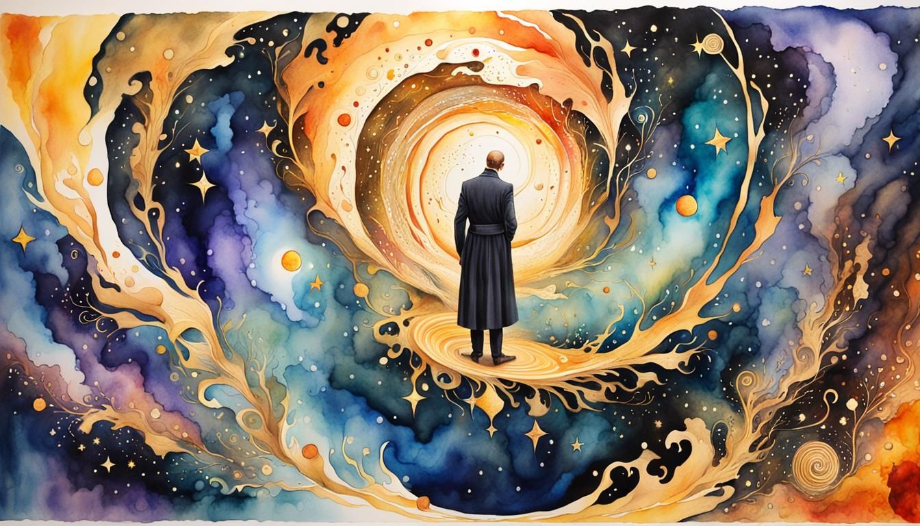 Golden Cosmic Vortex Unfolds Before a Contemplative Figure