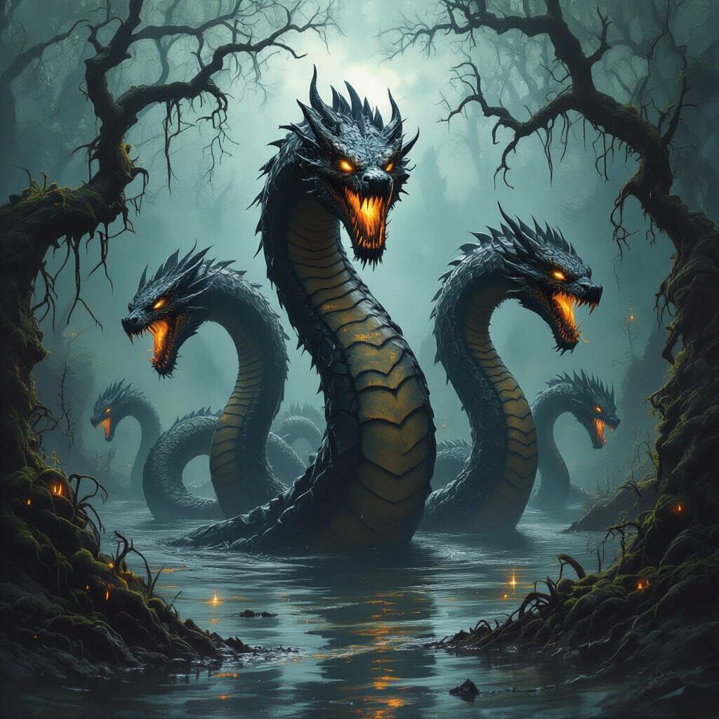 Seven-Headed Hydra Emerges from Murky Swamp