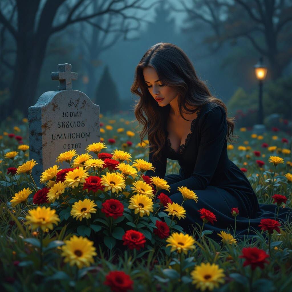 Dreamlike Halloween Grave with Yellow and Red Flowers