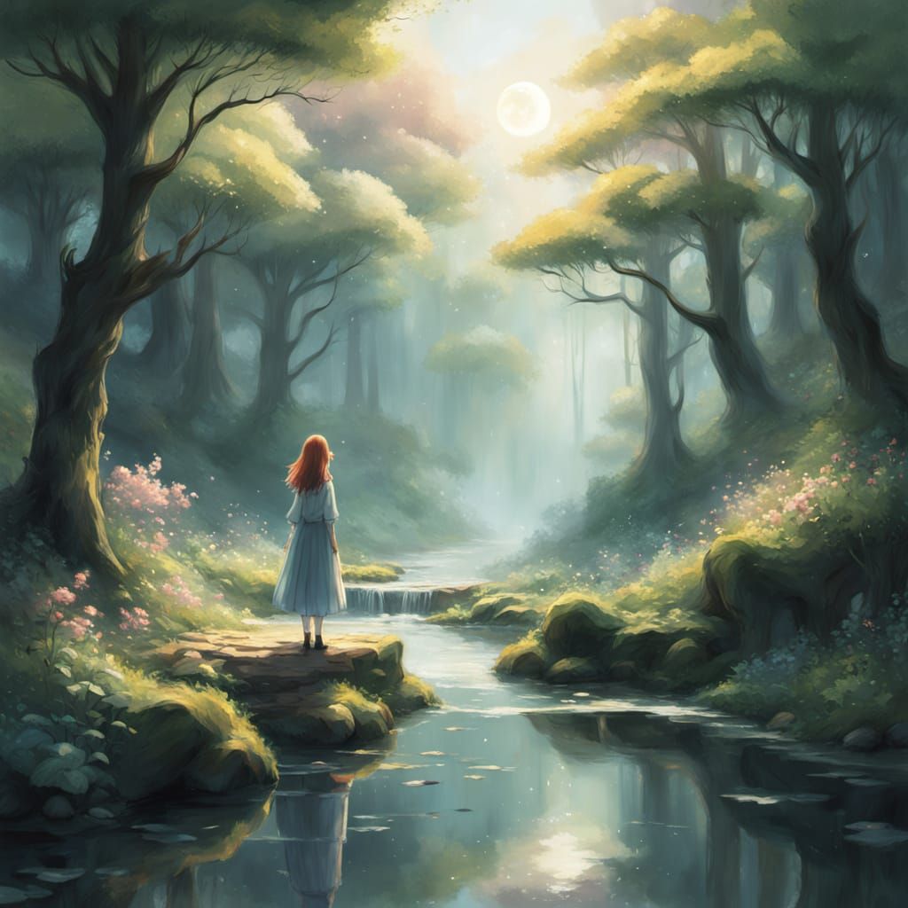 Anime Girl by Glowing Stream in Magical Forest