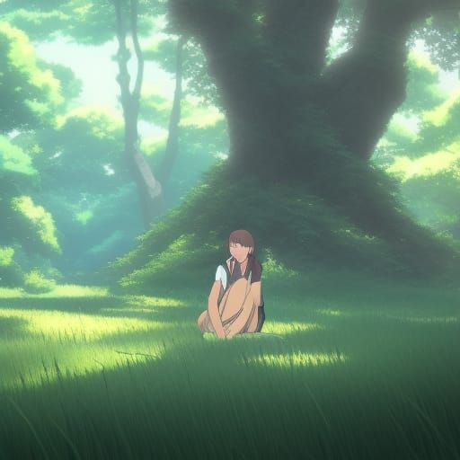 Anime Woman in Forest Clearing