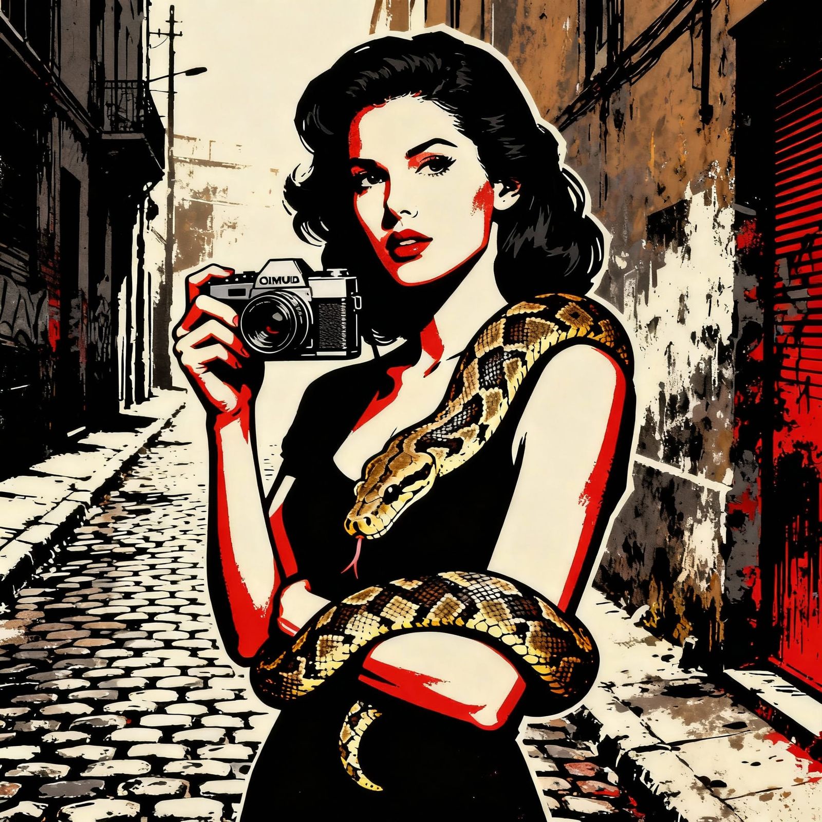Woman with Python and Camera Street Art