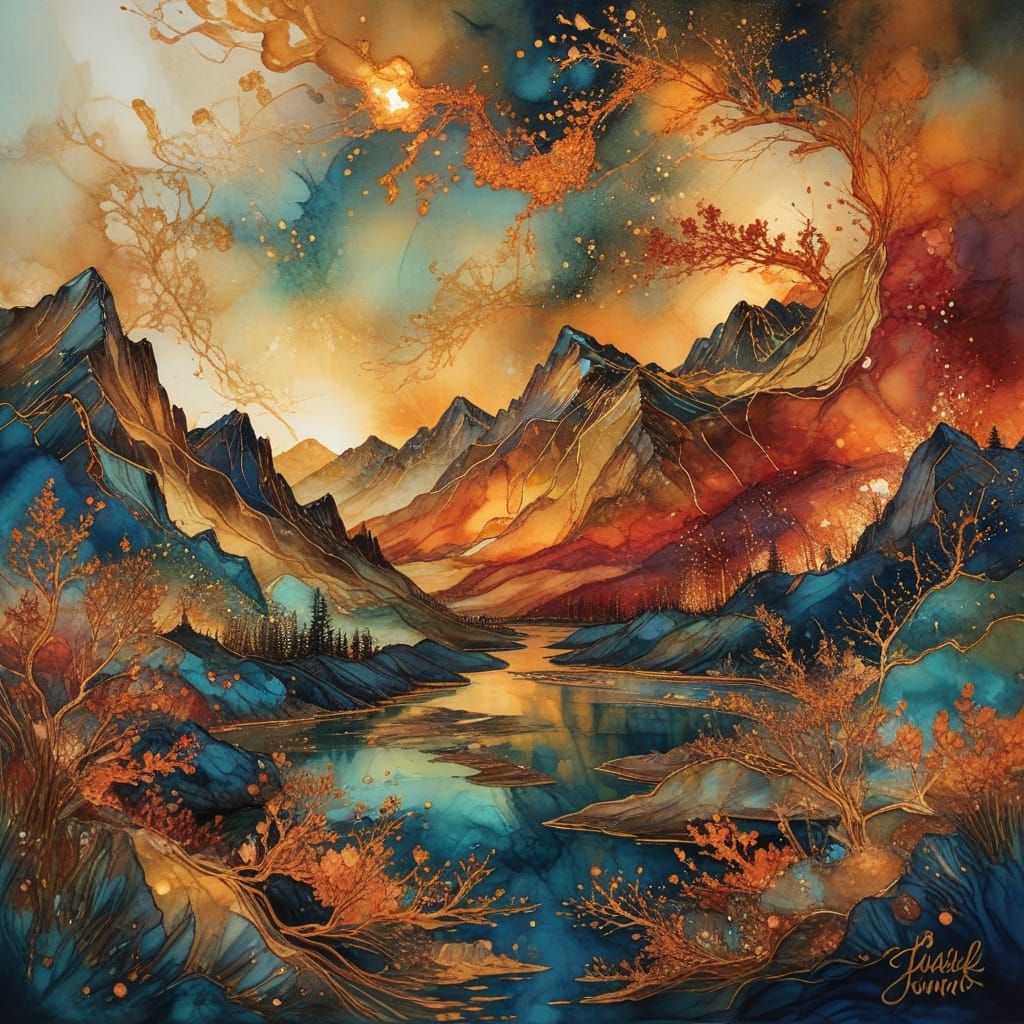 Surreal Sunset Scene in Metallic Gold and Deep Blues