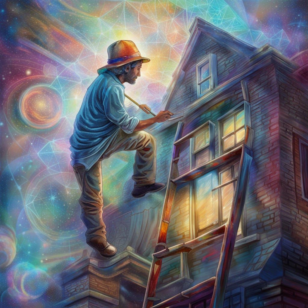 Man Cleaning Windows in Astral Cosmic Illustration