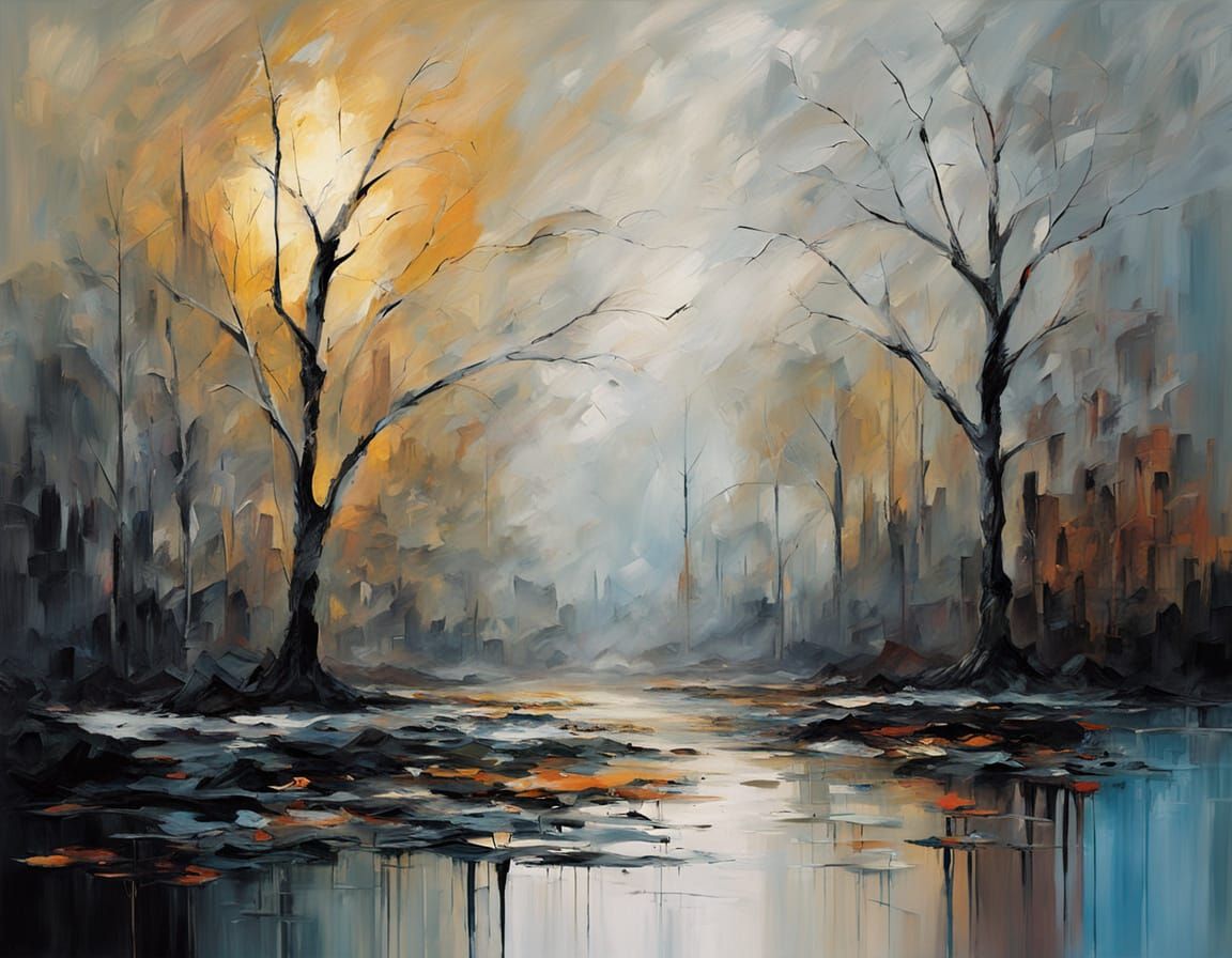 Melting Impasto Forest in Foggy Moonlight