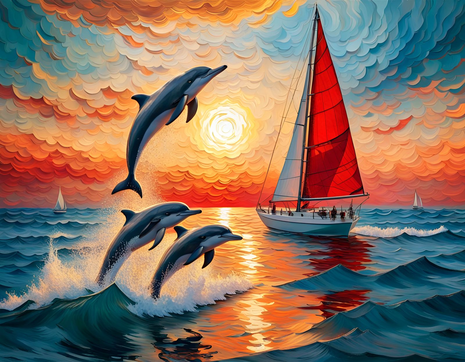 Dolphins Leaping at Sunset in Impressionistic Seascape