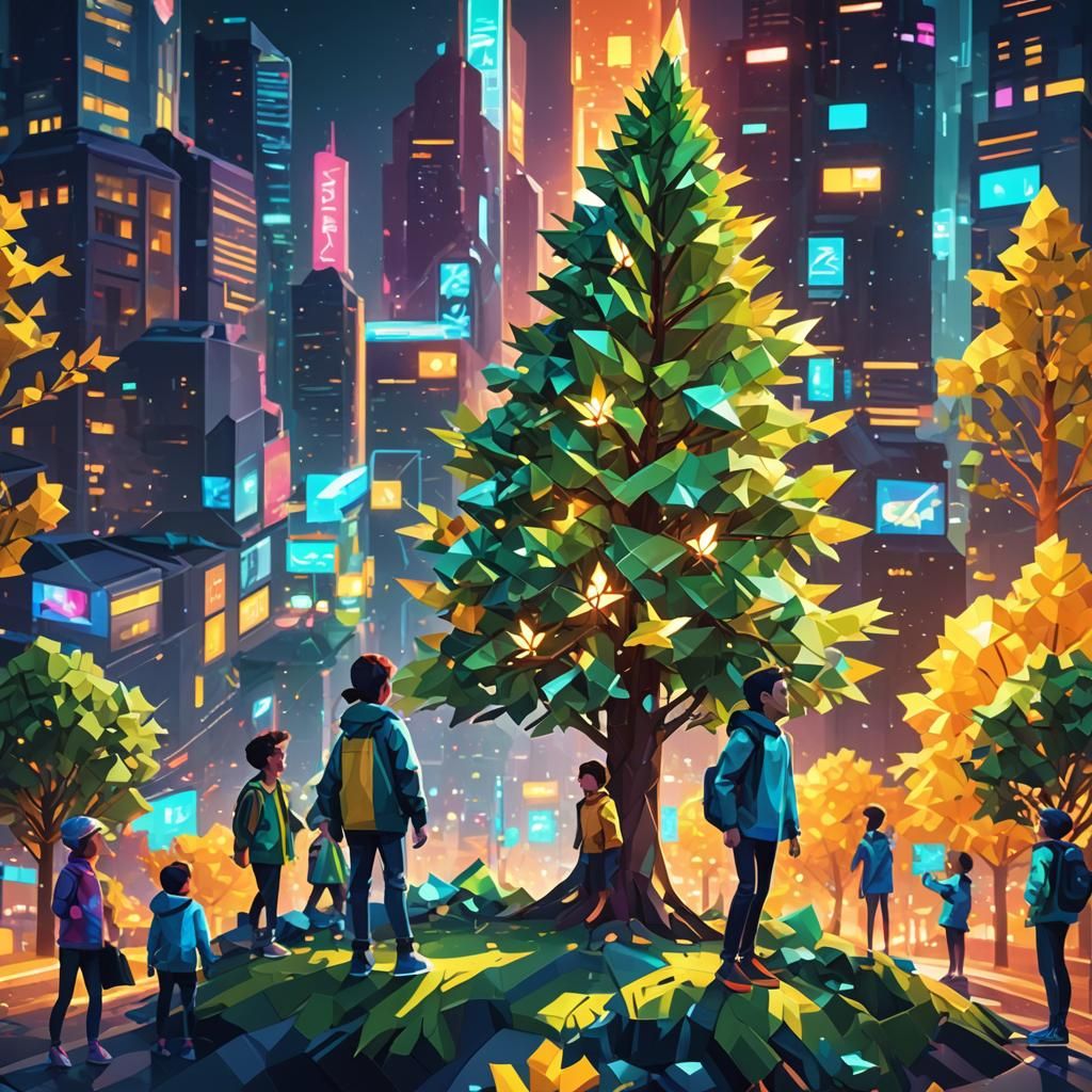 Vibrant Low-Poly Art of Children in Futuristic City