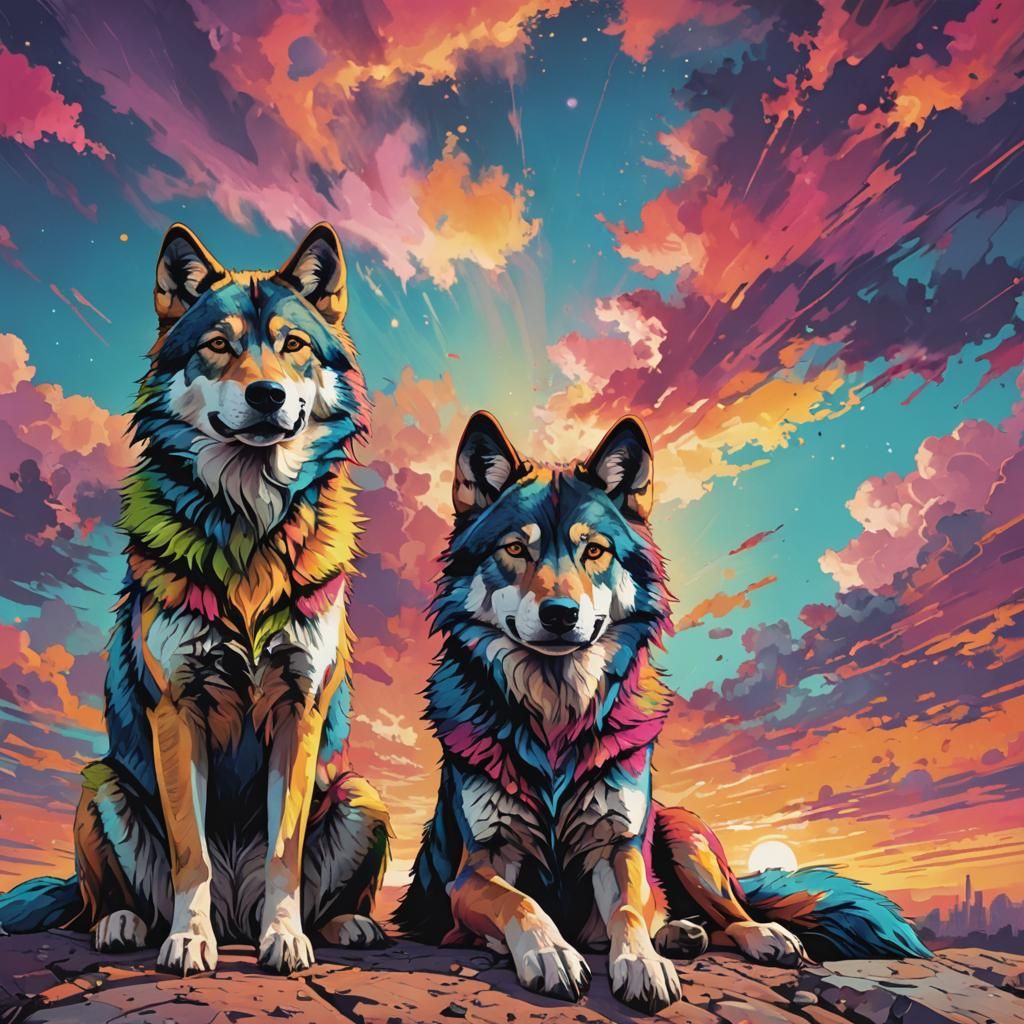 Pop Art: Two Wolves Gazing at Horizon