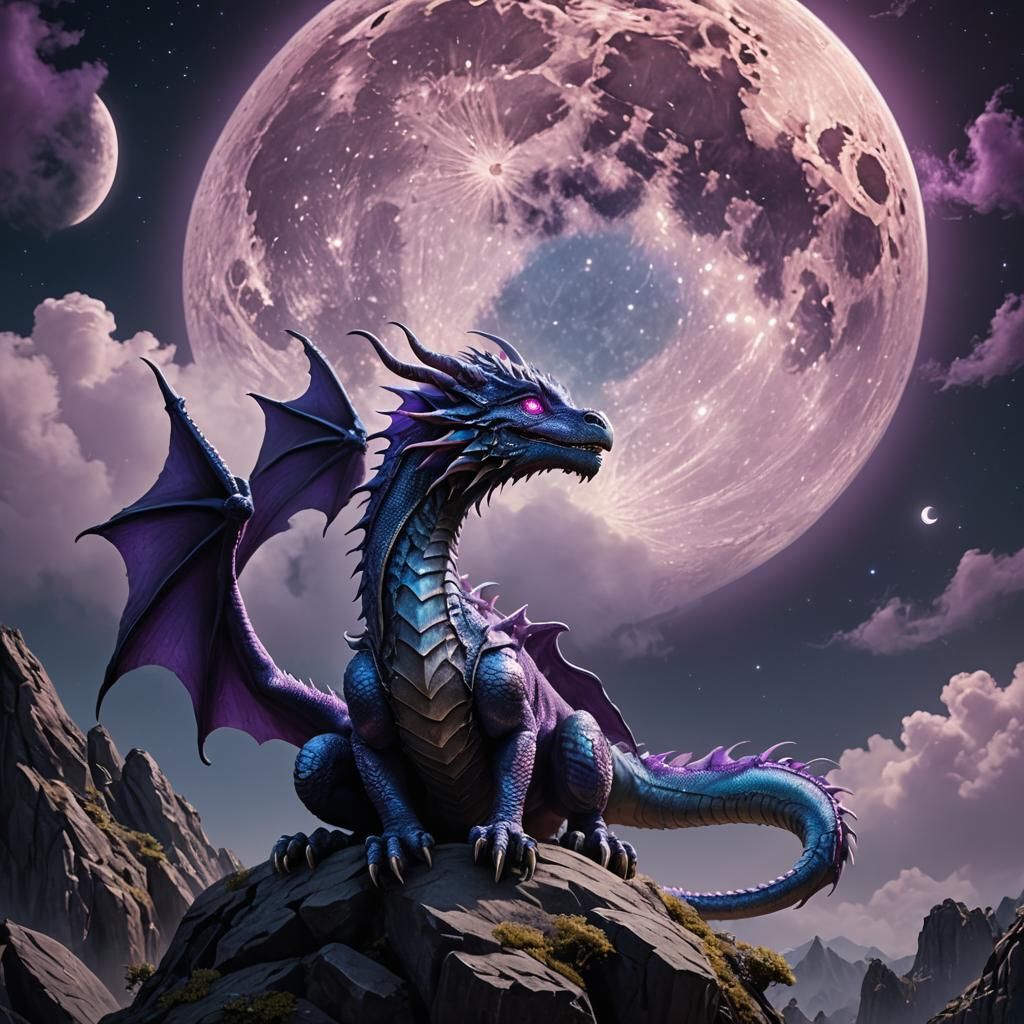 Blue and Purple Moon Dragon Gazing at Moon