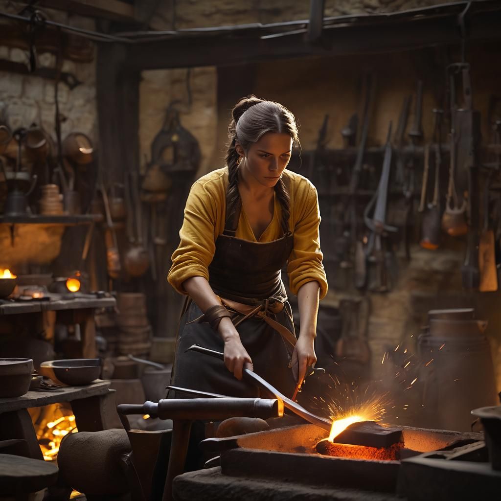 Female Blacksmith Forging a Sword: Cinematic Film Still