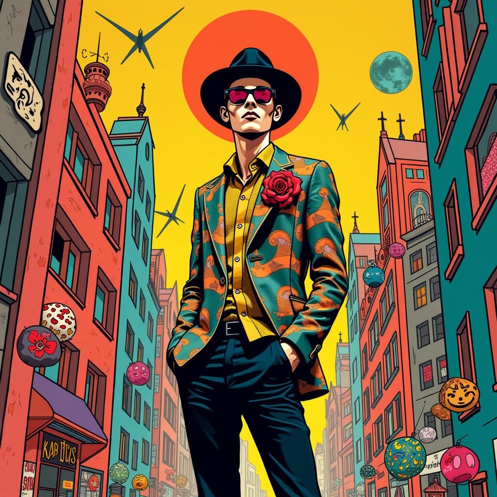 Fashion Figure in Surreal Pop Art Cityscape