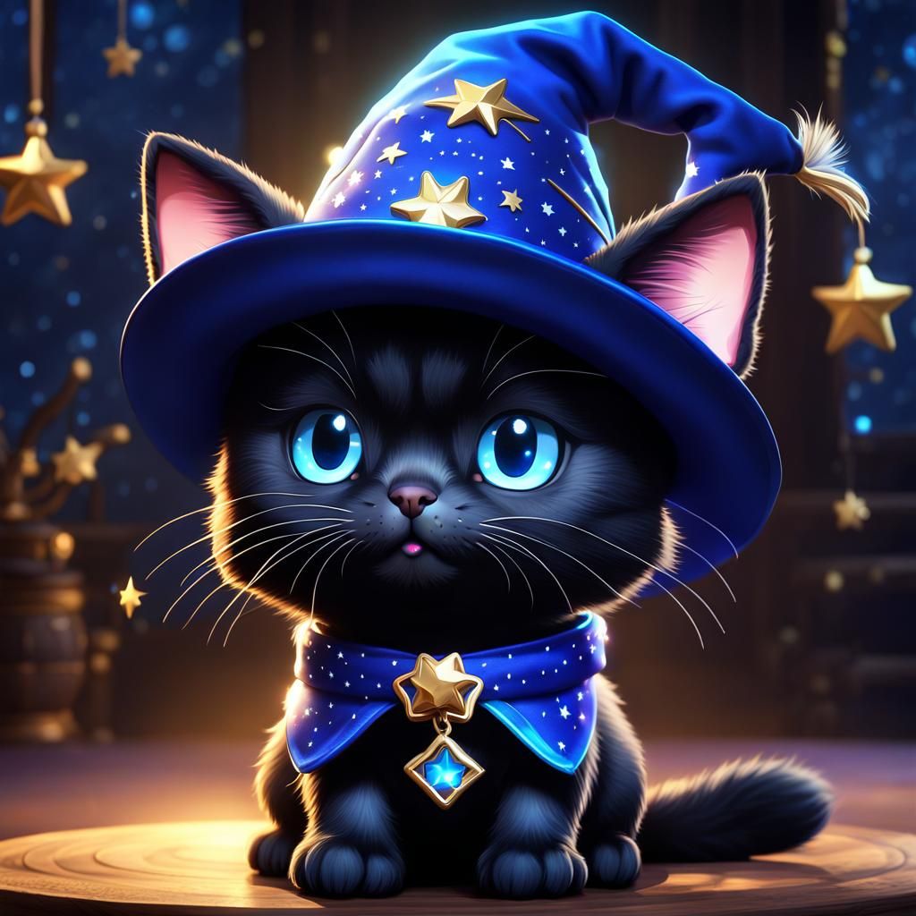 Chibi Black Cat Wizard in Matte Painting Style