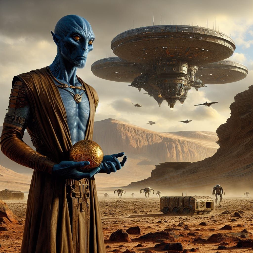 Blue Alien on Mars with Golden Orb