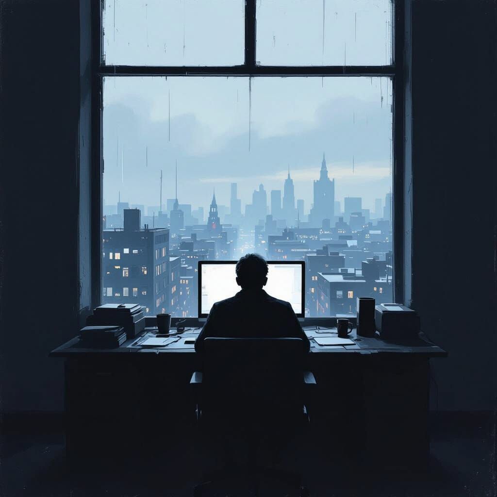 Figure at Desk in Monotonous Cityscape Digital Painting