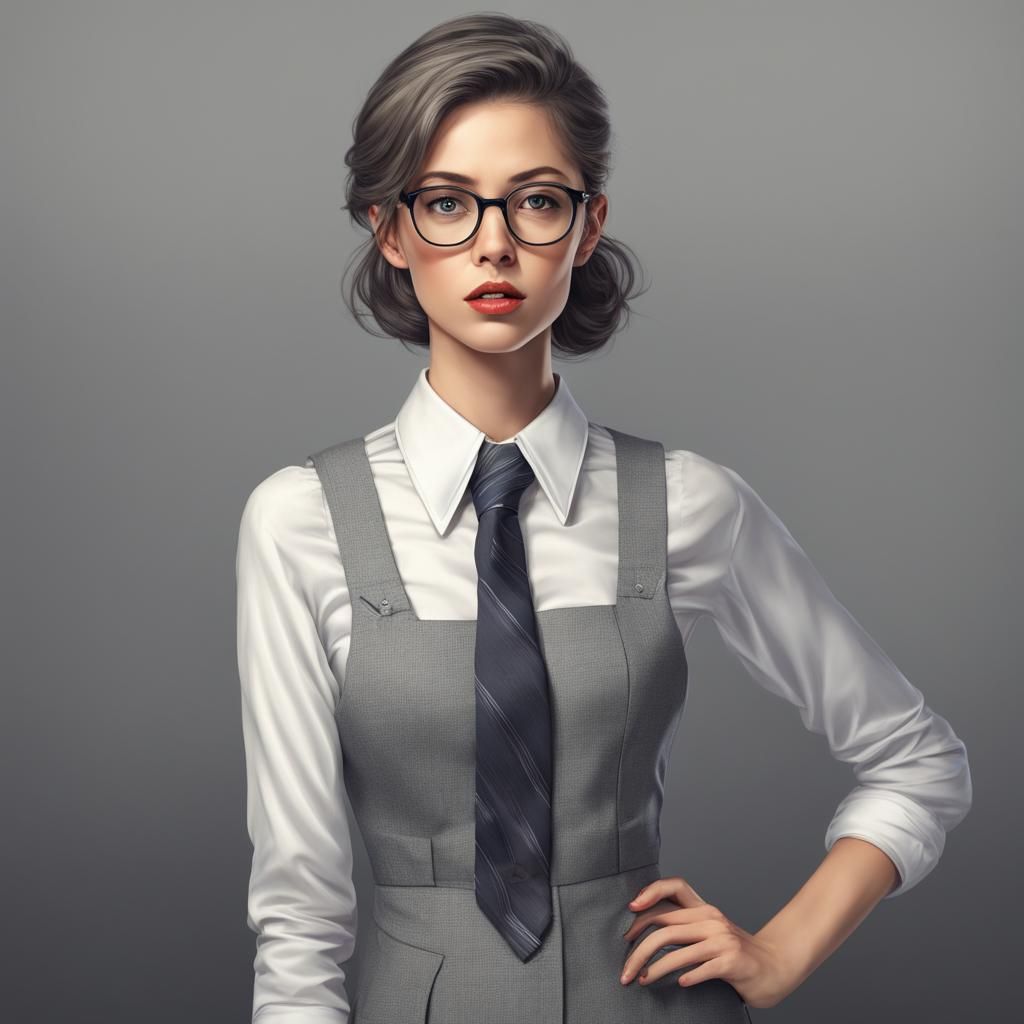 Woman in Preppy Office Look with Tie and Glasses