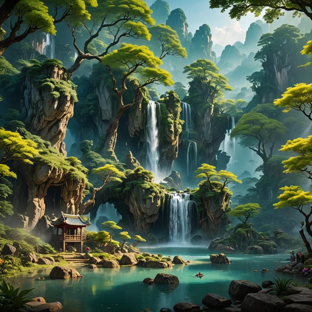 Ancient Chinese Landscape with Deer and Hot Springs