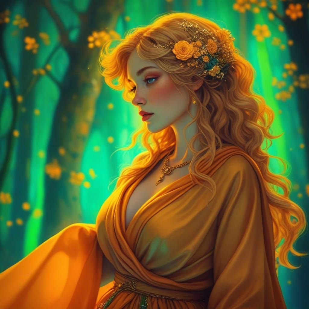 Goddess in Bioluminescent Forest: Oil Painting Portrait