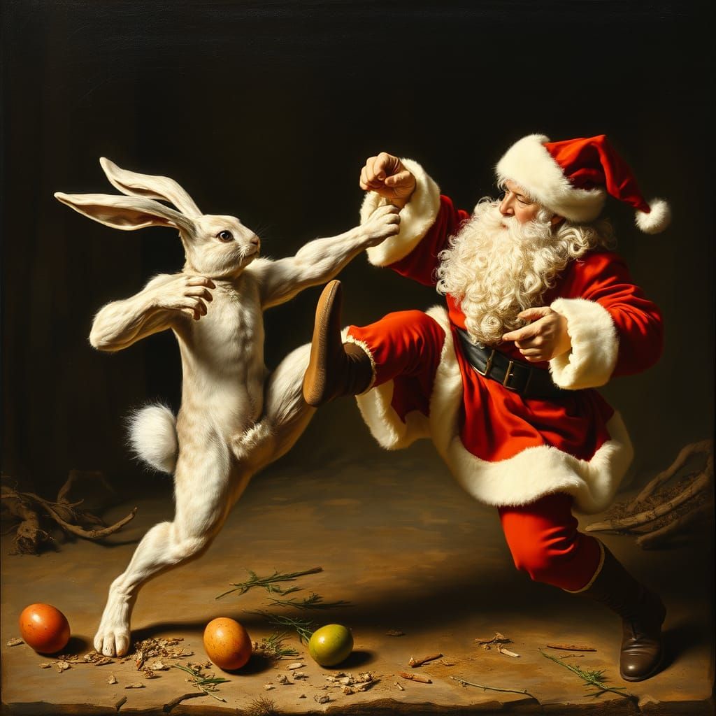 Epic Clash of Easter Bunny and Santa Claus in Baroque Style