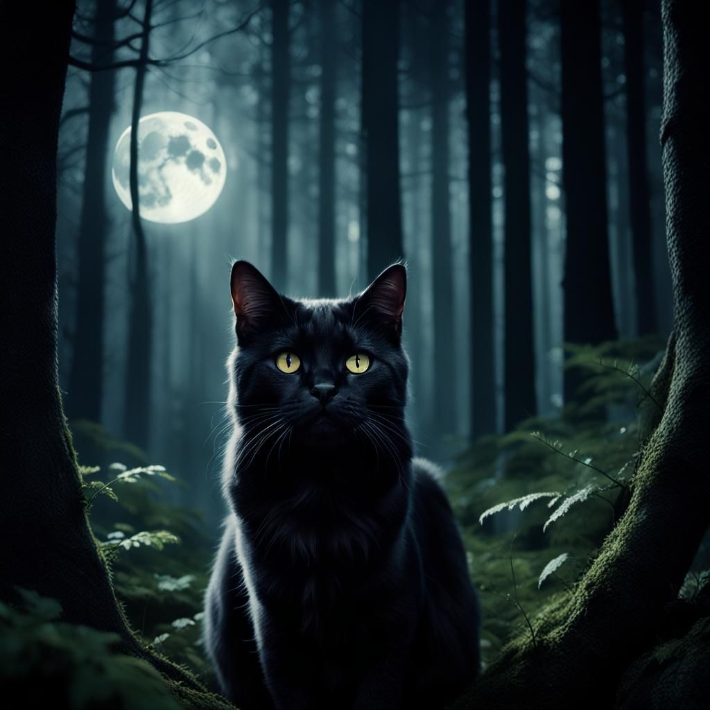 Black Cat in Mystical Forest: Cinematic Film Still