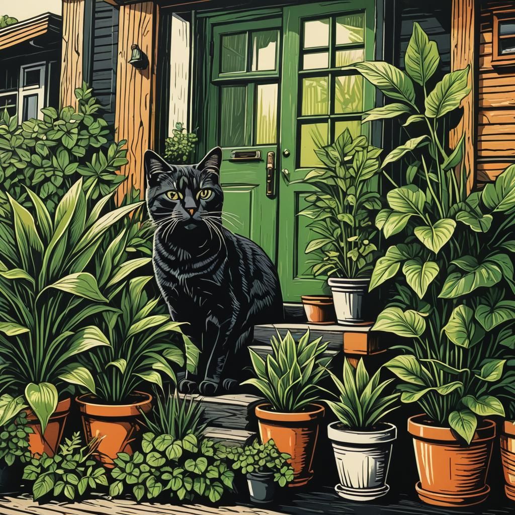 Folk Art Linocut: Cat on Porch with Plants
