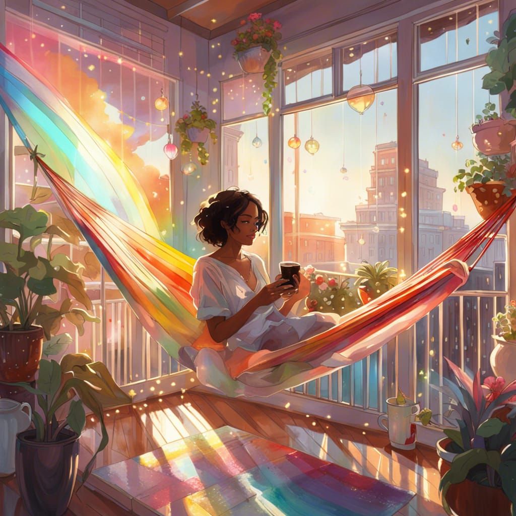 Dreamy Balcony with Rainbow Light, Hyper-Realistic Illustrat...