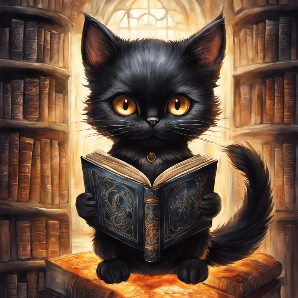 Chibi Black Cat with Necronomicon in Watercolor Style