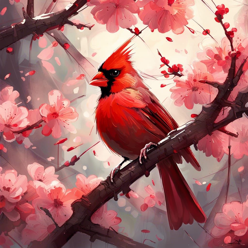 Red Cardinal Among Cherry Blossoms: A Photorealistic Sketch