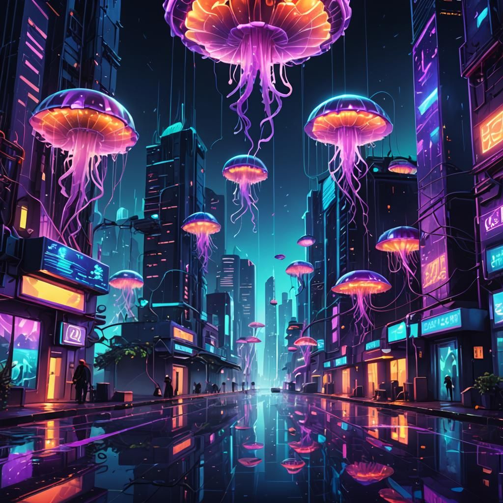 Futuristic Neon Cyberpunk Undersea City Concept Art