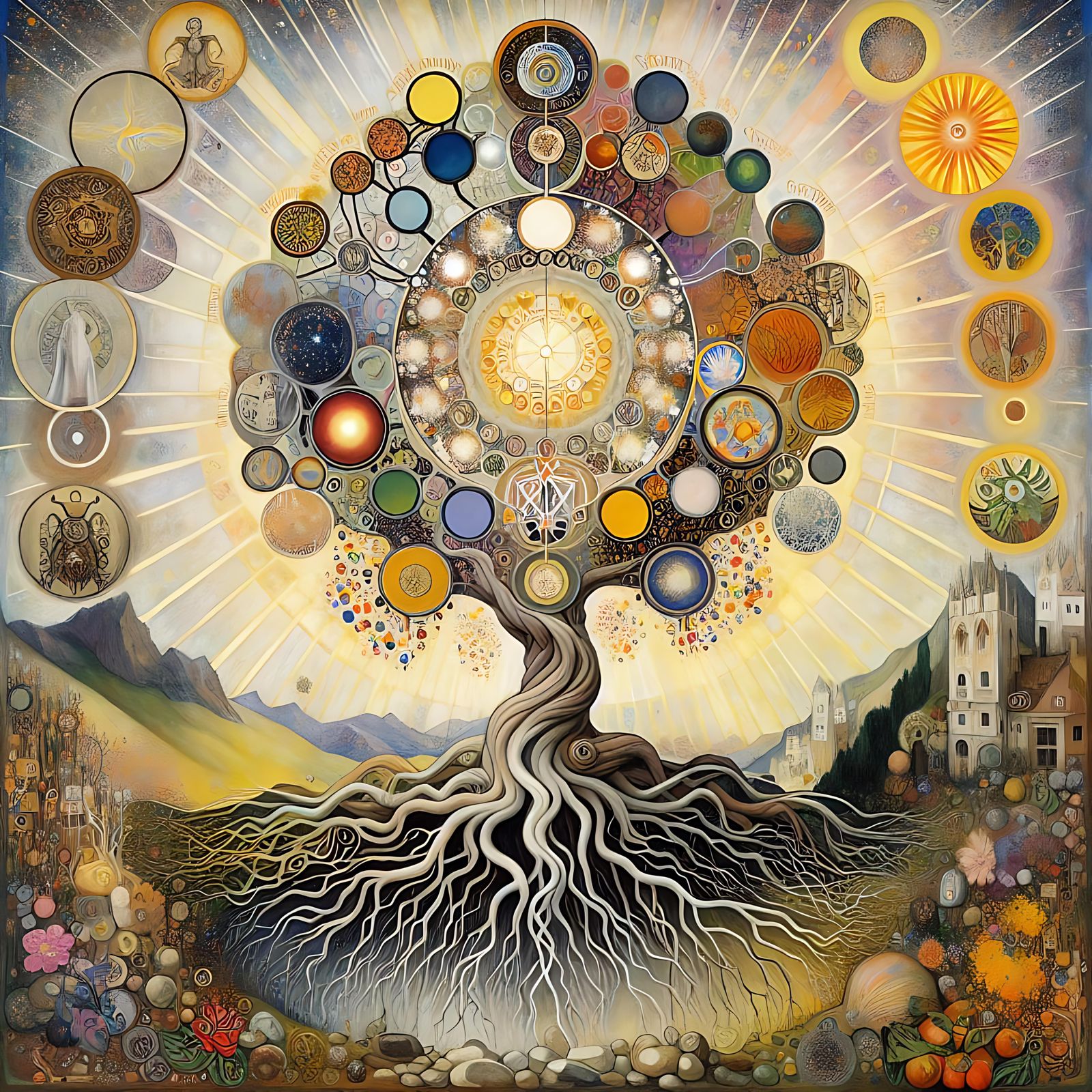 Surreal Tree of Knowledge in Art Nouveau Style