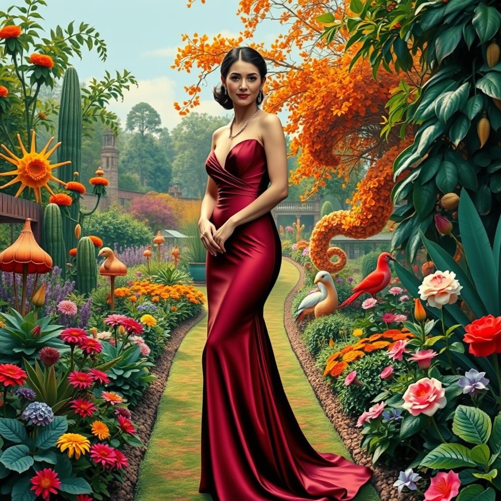 Elegant Woman in Garden, Salvador Dali Style