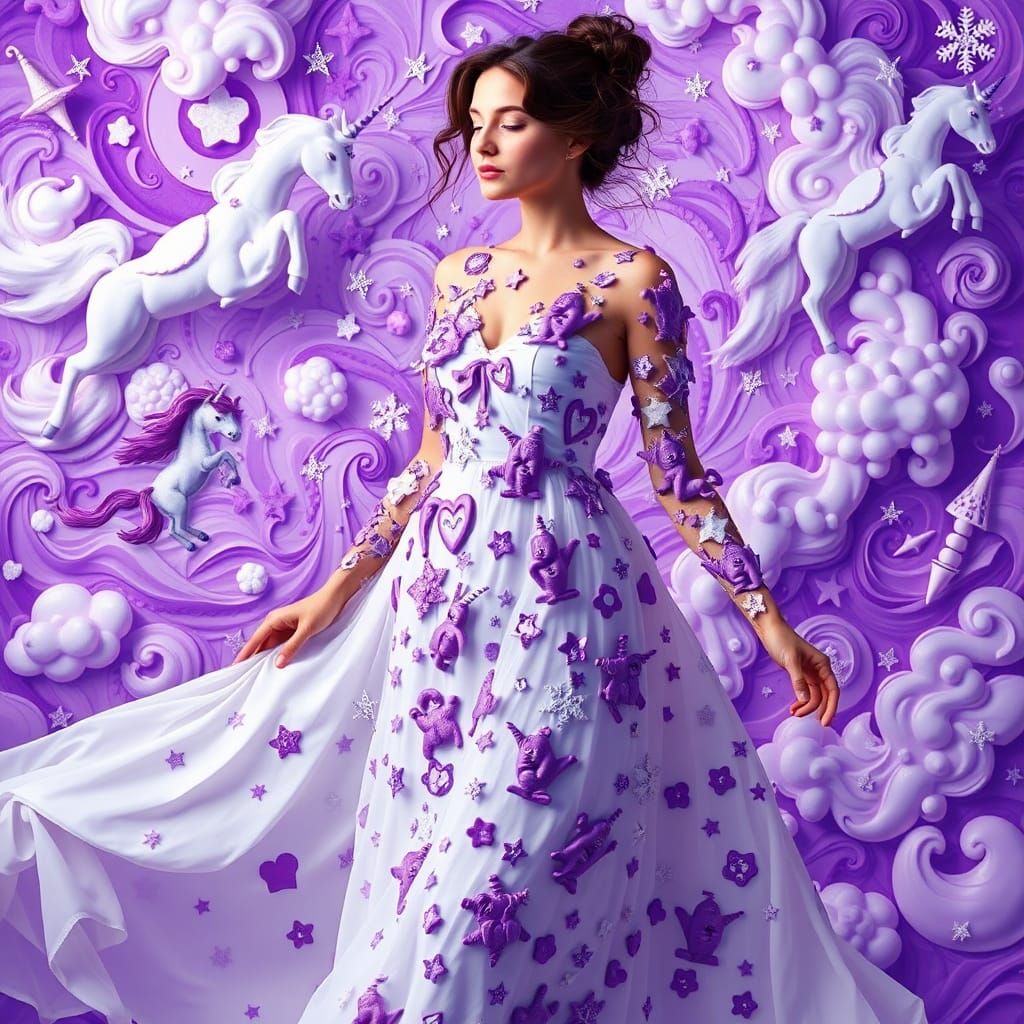 Woman in Sticker Gown in Psychedelic Dreamscape