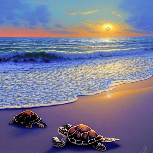 Sea Turtle Sunset: Hyper-Detailed Oil Painting
