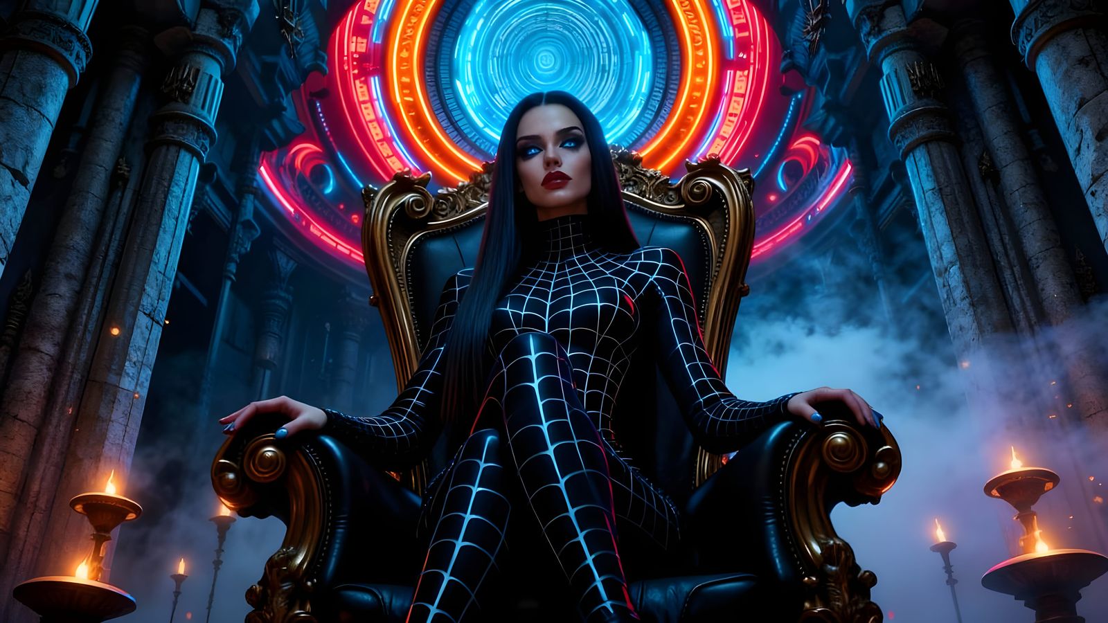 Powerful Woman Rules Throne Room in Dramatic Lighting