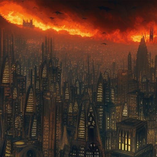 Batman Overlooks Burning Gotham: Cinematic Art