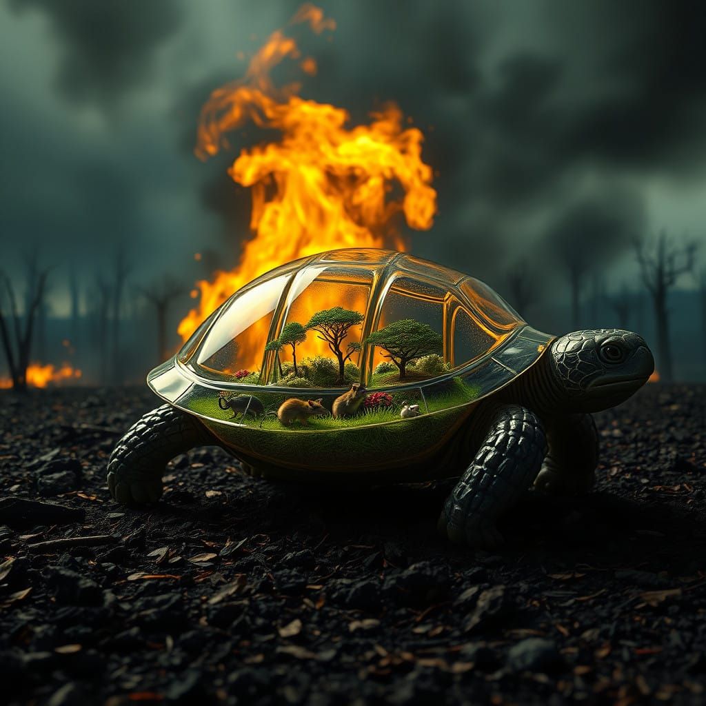 Translucent Turtle in a Hellish Landscape, a Serene Oasis Am...