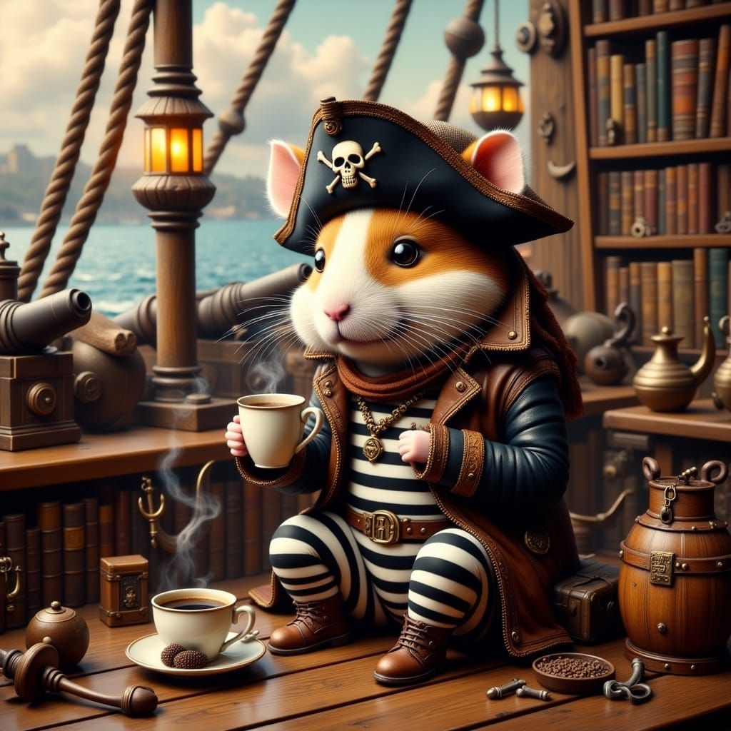 Hamster Pirate Drinking Coffee on Deck