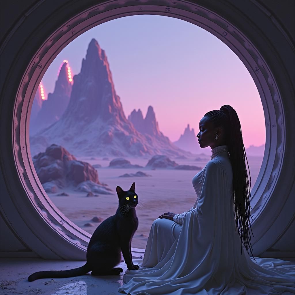 Regal Woman and Cat Gaze at Alien Landscape