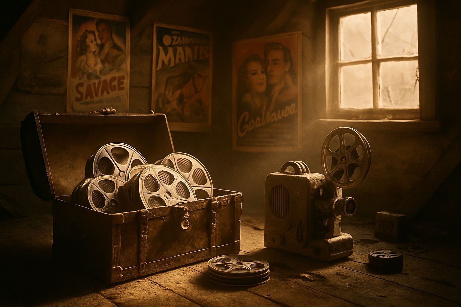 Nostalgic Attic Cinema Relics in Sunlight