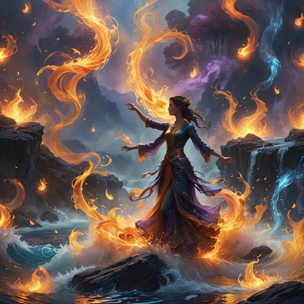 Ethereal Dance of Fire and Water in Vivid Digital Art