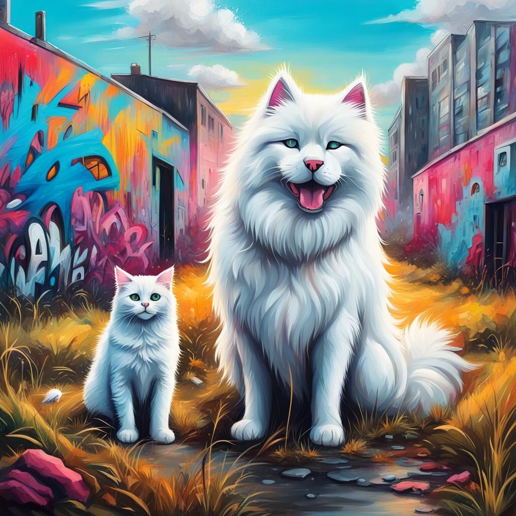 Colorful Graffiti Art: Cat and Samoyed in Field