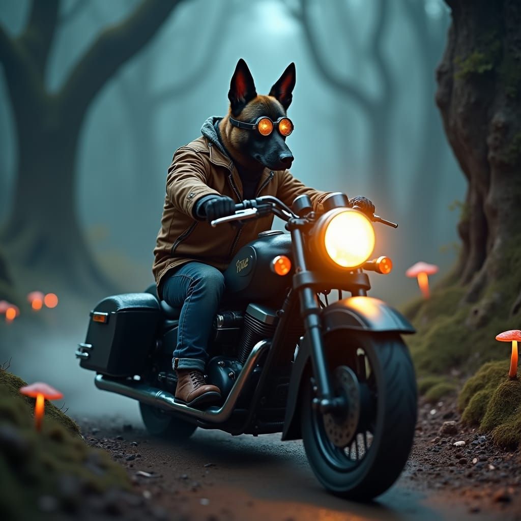 Belgian Malinois Rides Motorcycle Through Mystical Forest